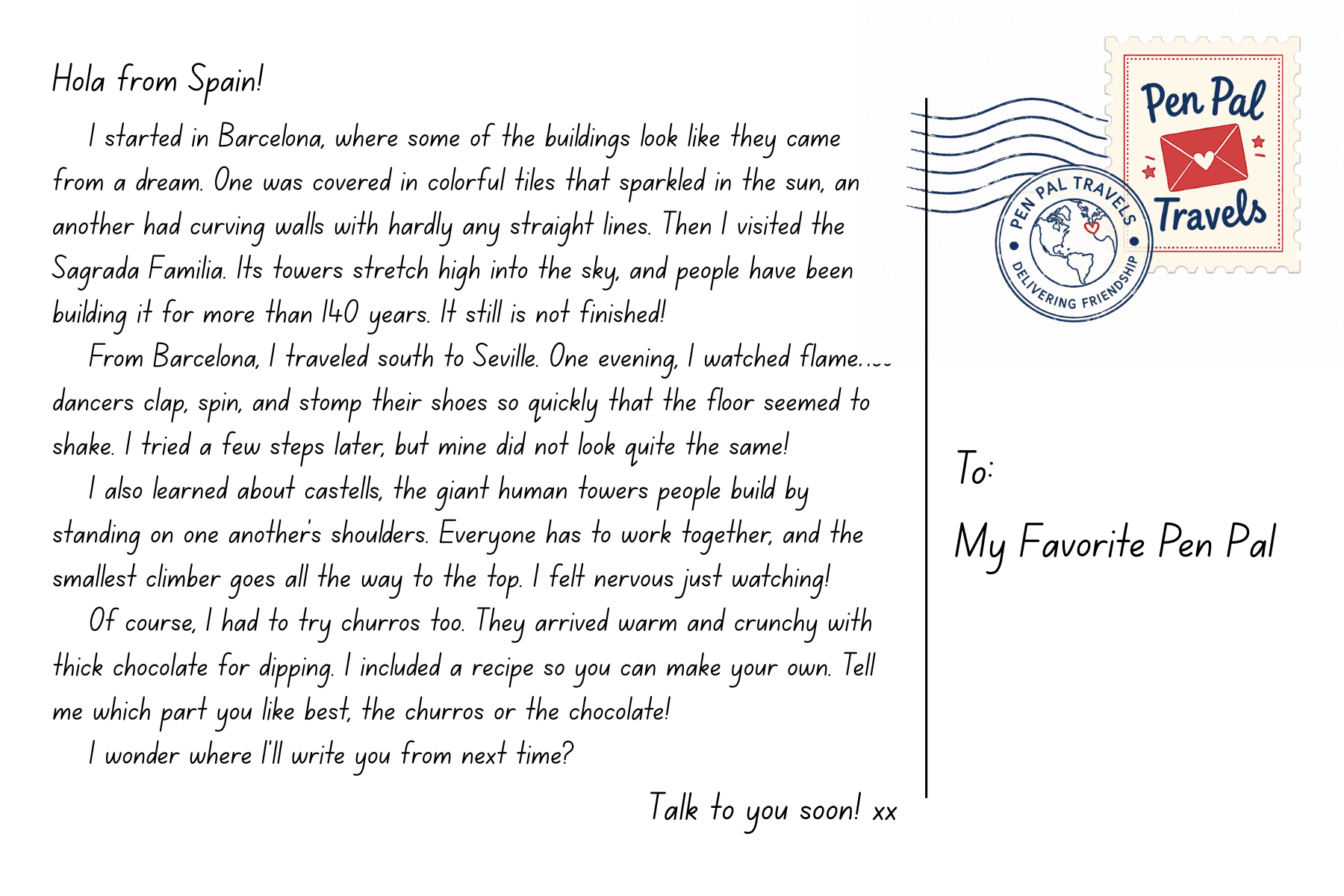 Printed handwritten-style story note from the Pen Pal Travels character on the back of the Spain postcard.