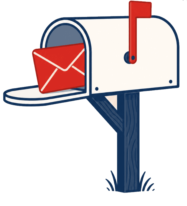 An open mailbox with its red flag raised and a bright red Pen Pal Travels envelope just delivered.